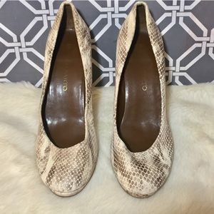 Franco Sarto Snakeskin Leather High Heels Beige Tan Round Toe Pumps 7.5